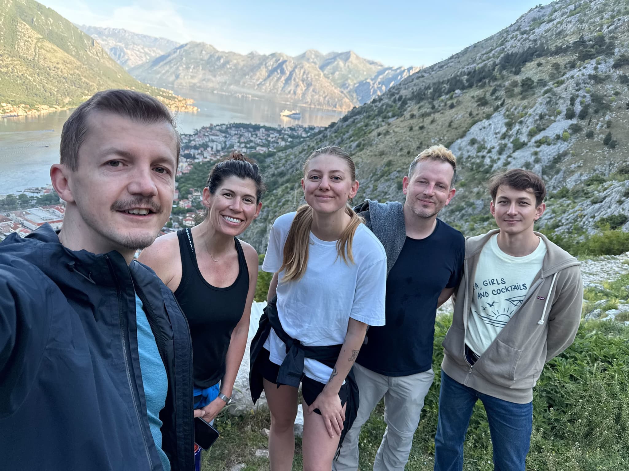 Team hiking in the mountains